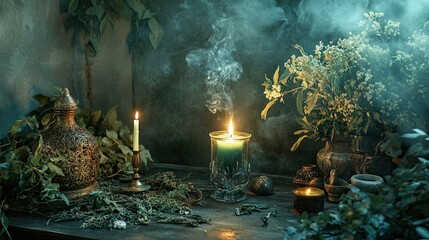Mystical herbal altar with glowing candles, aromatic smoke, vintage vessels, and wildflowers evoking a magical and witchy ambiance