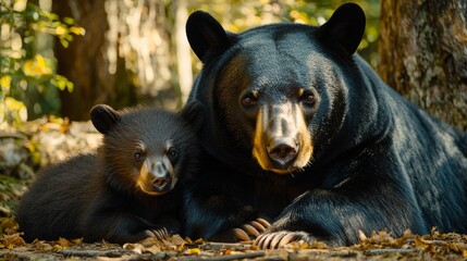 Fototapeta premium A Mother Black Bear and her Cub Resting in the Autumn Forest
