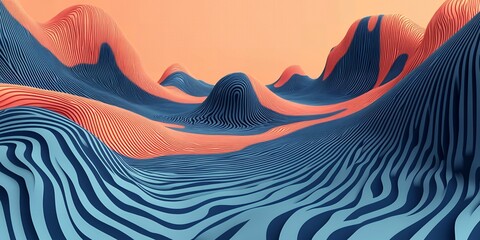 Abstract Striped Landscape Blue and Coral 3D Waves Design