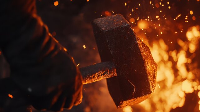 Blacksmith hammering heated iron on an anvil under glowing embers. Featuring strength and craftsmanship