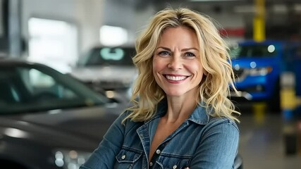 Confident woman smiling in a car dealership with vehicles in the background, showcasing a vibrant atmosphere
