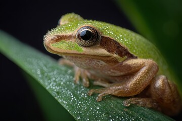 Obraz premium A vibrant green frog rests on a leaf, its skin intricately textured and glistening with delicate dew drops, captured in stunning macro detail.