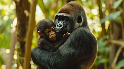 Naklejka premium Gorilla Mother's Tender Embrace Protecting Her Baby in Lush Green Forest