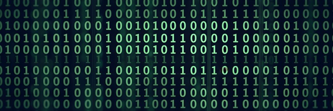 Green binary digits on dark background, binary data flow 