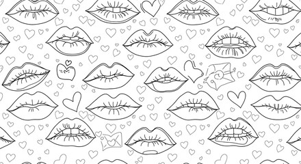 Kissing Hearts: Monochrome Line Art Pattern AI Generated