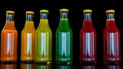 Assorted Fresh Fruit Juices in Clear Bottles &ndash; Studio Shot on Black Background