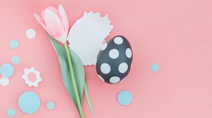 Minimalist Easter composition with a black polka dot egg and pastel tulip on pink background