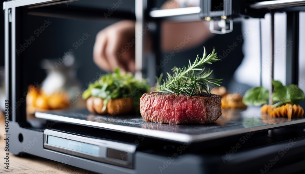 Aufkleber technologist inspecting vegan steak fresh off 3d printer tray, checking consistency and structure fo