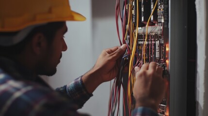 Hispanic electrician wiring a new electrical panel in a basement. Featuring electrical installation and safety measures