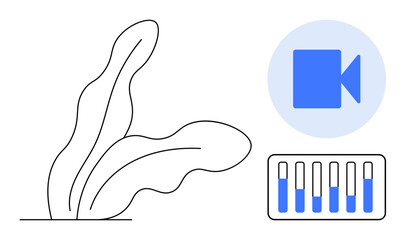 Stylized plant, blue video icon, and an equalizer graphic blend technology and nature. Ideal for content creation, design, technology, environment, media, storytelling branding simple landing page