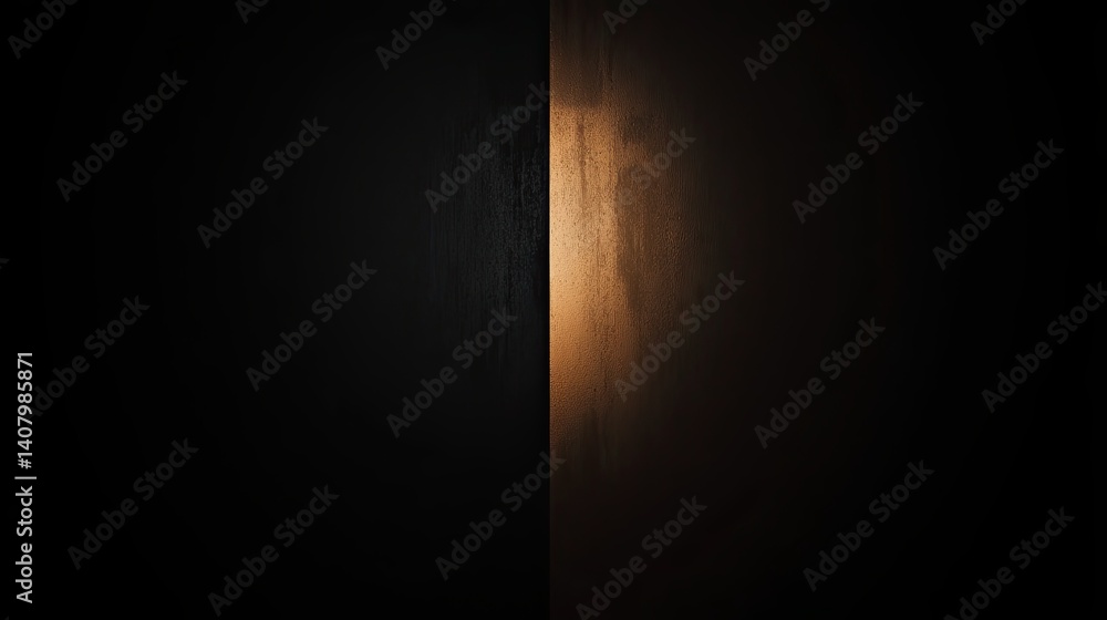 Poster minimalistic textured background split between darkness and warm golden light, creating a dramatic g