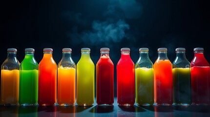 Assorted Fresh Fruit Juices in Clear Bottles &ndash; Studio Shot on Black Background
