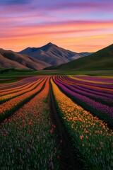 Fototapeta premium Colorful tulip fields under a vibrant spring sunset