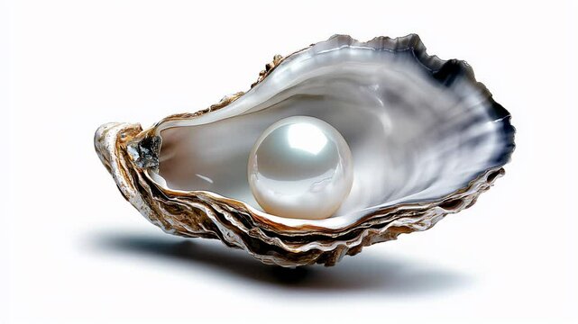 A white pearl inside an open oyster shell on white background. The camera rotates around the subject