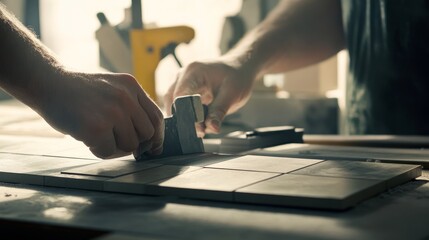 Tile setter cutting ceramic tiles for a bathroom floor. Featuring precision and attention to detail