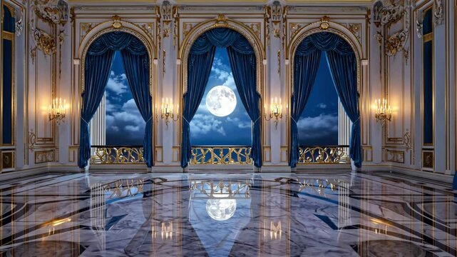Majestic ballroom illuminated by moonlight and elegant curtains in a grand palace setting Generative AI