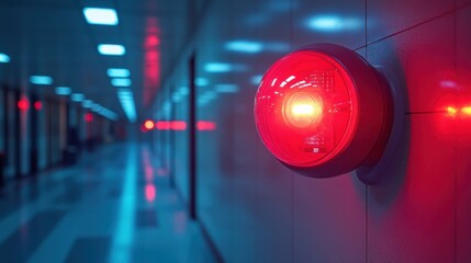 led alarm siren glowing red on wall for safety,security in classroom,stock photo