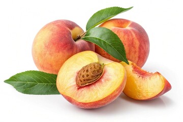 Colorful Peach Fruit with Leaf isolated on white background. A bright and vibrant peach fruit with a leaf isolated on a white background, ideal for fresh or healthy food themes
