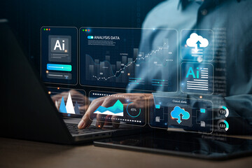 Businessman or engineer analyzes data files and backups of computer systems. Using FTP (File Transfer Protocol) data cloud to secure big data with AI technology. Developing insights, data dashboards.