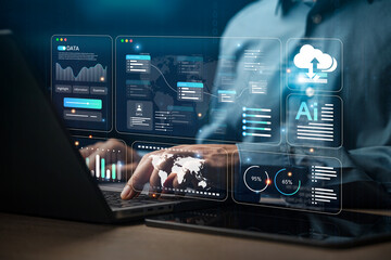 Businessman or engineer analyzes data files and backups of computer systems. Using FTP (File...