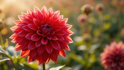 Blooming Red Dahlia Flower in a Garden at Golden Hour Sunlight