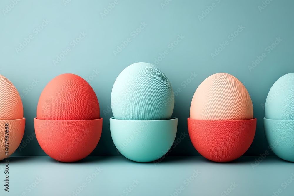 Poster colorful eggs arranged in stylish holders against a soft blue background for an inviting spring disp