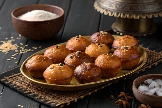 Golden-Brown Unniyappam on Black Wooden Background &ndash; Traditional Kerala Sweet Fritters