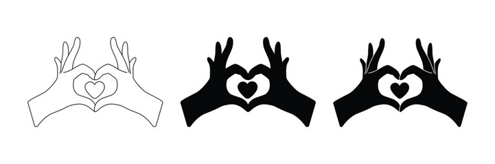 This vector graphic shows three variations of hands forming a heart shape.