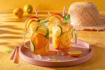 Cool freshly lemonade as drink for summer hot days.