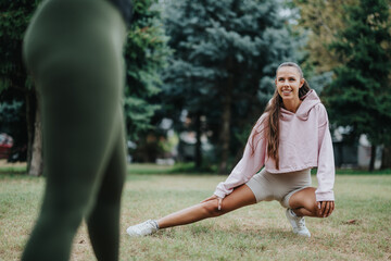 Two young women engage in outdoor stretching exercises in a park, enjoying fresh air and an active...