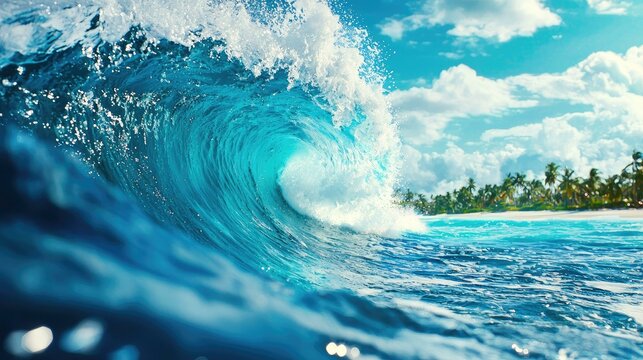 A breathtaking view of vibrant ocean waves crashing against the shore under a sunny sky, surrounded by lush greenery, capturing the beauty and energy of nature in a tropical paradise setting.