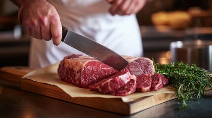 Butcher expertly slicing a premium cut of beef on a wooden block. Featuring skill and precision