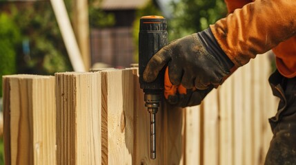 Hispanic fence installer drilling posts into the ground for a wooden backyard fence. Featuring precision and labor