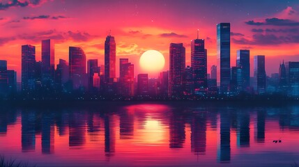 Fototapeta premium Sunset illuminating modern architecture and city skyline high resolution picture
