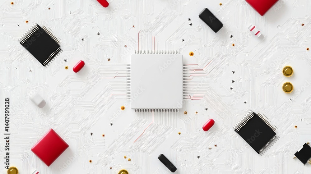 Poster flat design composition of an electrical circuit board with microchips and colorful components