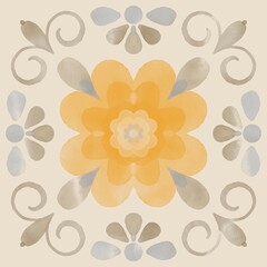 Symmetrical Yellow Flower Watercolor Tile Design
