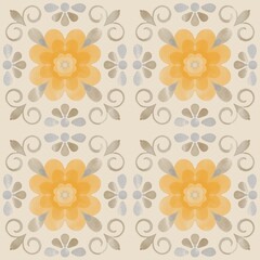 Yellow and Gray Watercolor Floral Tile Pattern