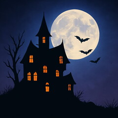 Haunted House Silhouette Under Full Moon