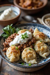 Delicious Homemade Pierogi with Ground Meat and Sour Cream Traditional Eastern European Cuisine