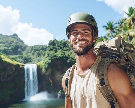 Man Hiking Waterfall Jungle