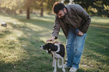 A man in a park lovingly strokes a dog, enjoying a peaceful afternoon surrounded by nature. The warm sunlight adds a serene atmosphere to this delightful interaction.