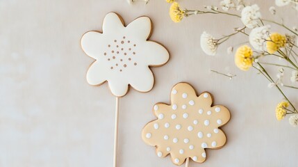 Two flower-shaped Easter cookies with white and beige icing and polka dots on soft neutral surface with yellow flowers