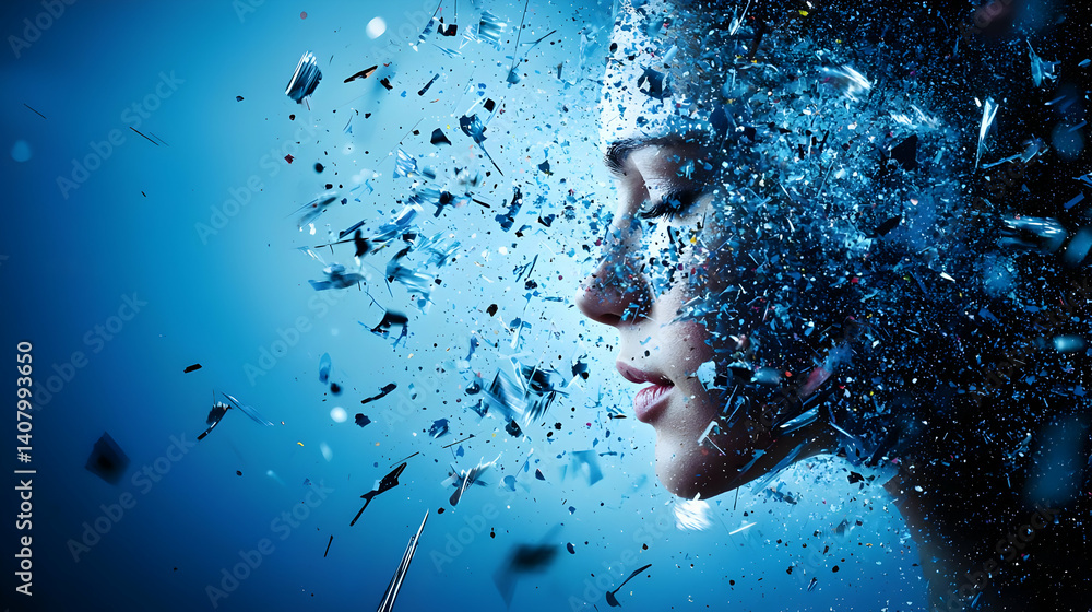 Aufkleber profile of a woman's face exploding into blue particles against a gradient background