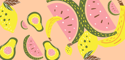 lemon watermelon banana pattern vector 