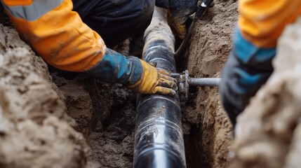 Underground utility worker repairing water pipelines in a trench. Featuring precision and technical expertise