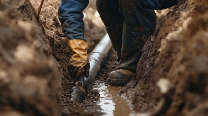 Underground utility worker repairing water pipelines in a trench. Featuring precision and technical expertise