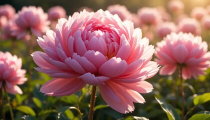 Blooming Pink Dahlia Flowers in Garden with Soft Sunlight Background