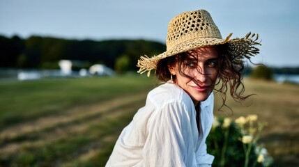 Soft summer portrait of beautiful woman in chic straw hat glowing in warm natural light, nature background outdoors. copyspace