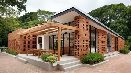 Community center built with compressed earth blocks and solar roofs, shaded by pergolas and native vegetation, highlighting low-impact design principles
