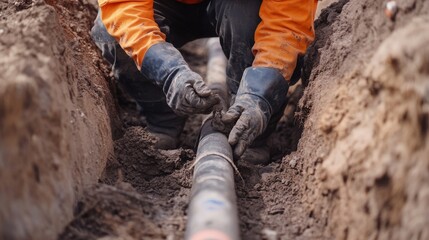 Underground utility worker repairing water pipelines in a trench. Featuring precision and technical expertise